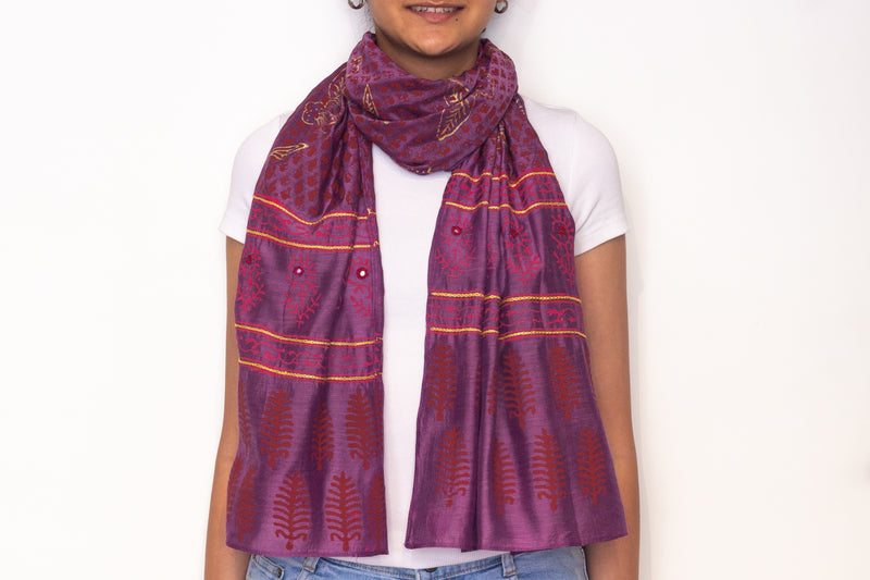 Dabu Hand Block Printed And Hand Feel Embroidered Scarf