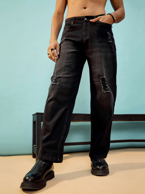 Men Black Washed Distressed Oversize Jeans