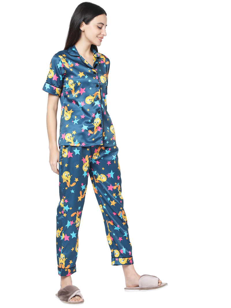 Smarty Pants Women's Silk Satin Teal Blue Tweety Print Night Suit