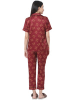 Smarty Pants Women's Silk Satin Maroon Color Pooh Print Night Suit