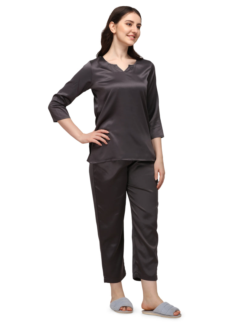 Smarty Pants Women's Silk Satin Dark Grey Color Night Suit Pair
