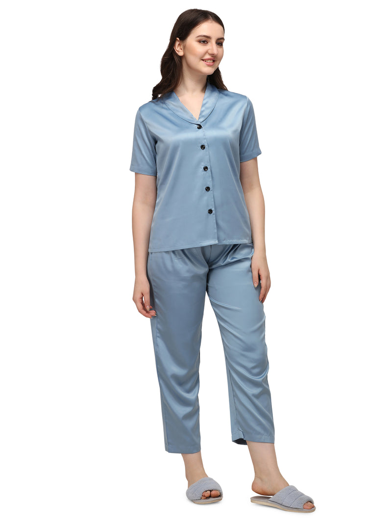 Smarty Pants Women's Silk Satin Shoulder Collar Slate Blue Color Night Suit Pair