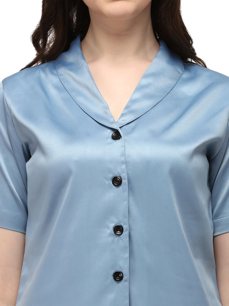 Smarty Pants Women's Silk Satin Shoulder Collar Slate Blue Color Night Suit Pair