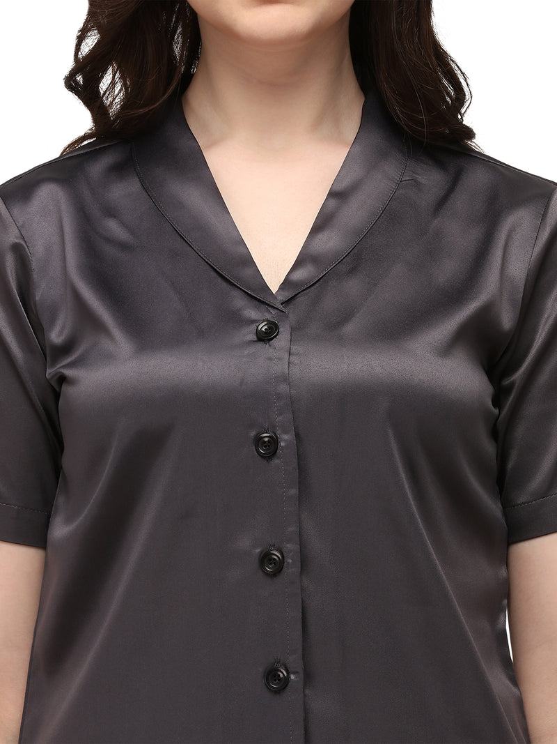 Smarty Pants Women's Silk Satin Shoulder Collar Dark Grey Color Night Suit Pair