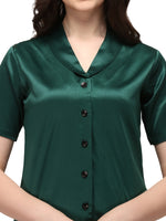Smarty Pants Women's Silk Satin Shoulder Collar Bottle Green Color Night Suit Pair