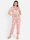 Smarty Pants Women's Silk Satin Pink Color Panda Print Lapel Collar Night Suit