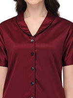 Smarty Pants Women's Silk Satin Shawl Collar Wine Color Night Suit Pair