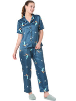 Smarty Pants Women's Silk Satin Teal Blue Jasmine Print Night Suit