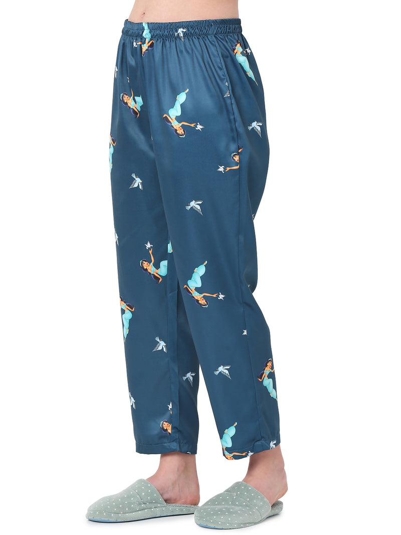 Smarty Pants Women's Silk Satin Teal Blue Jasmine Print Night Suit