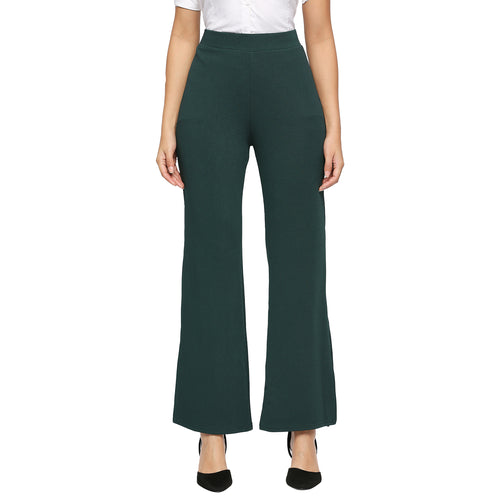 Smarty Pants Women's Polyester Lycra Slit Bell Bottom Bottle Green Formal Trouser
