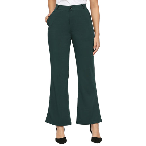 Smarty Pants Women's Cotton Lycra Bell Bottom Bottle Green Color Formal Trouser