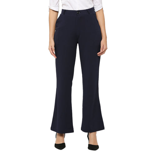 Smarty Pants Women's Ployester Lycra Bell Bottom Navy Blue Formal Trouser