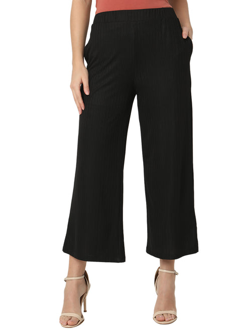 Smarty Pants Women's Cotton Rib Black Color Pleated Trouser