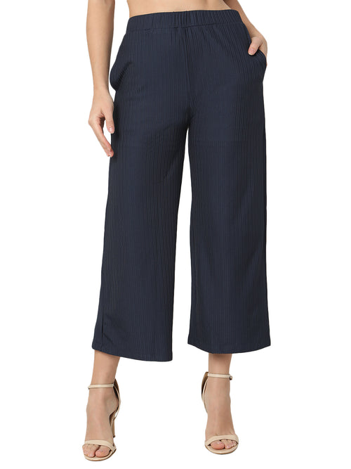 Smarty Pants Women's Cotton Rib Blue Color Pleated Trouser