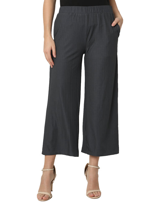 Smarty Pants Women's Cotton Rib Grey Color Pleated Trouser