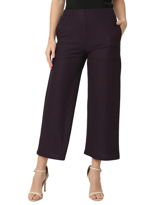 Smarty Pants Women's Cotton Rib Wine Color Pleated Trouser