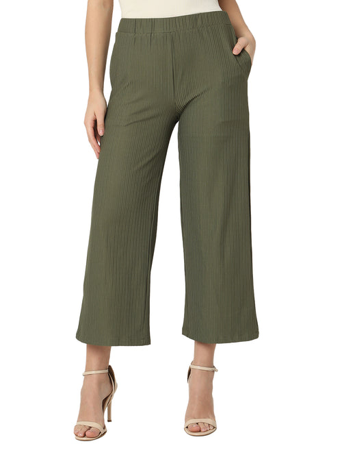 Smarty Pants Women's Cotton Rib Olive Color Pleated Trouser