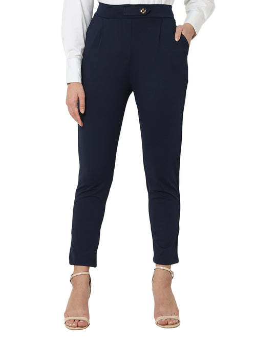 Smarty Pants Women's Cotton Lycra High Raise Waist Ankle Length Navy Blue Formal Trouser