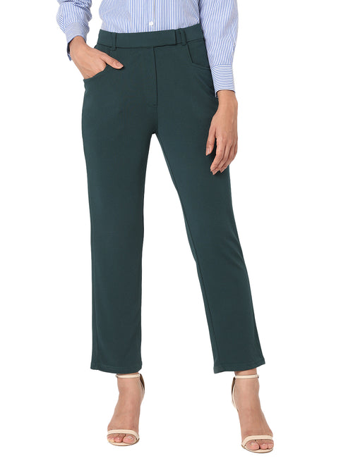 Smarty Pants Women's Cotton Lycra Ankle Length Straight Fit Bottle Green Formal Trouser