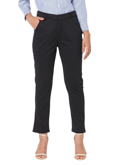 Smarty Pants Women's Cotton Lycra Ankle Length Straight Fit Black Formal Trouser