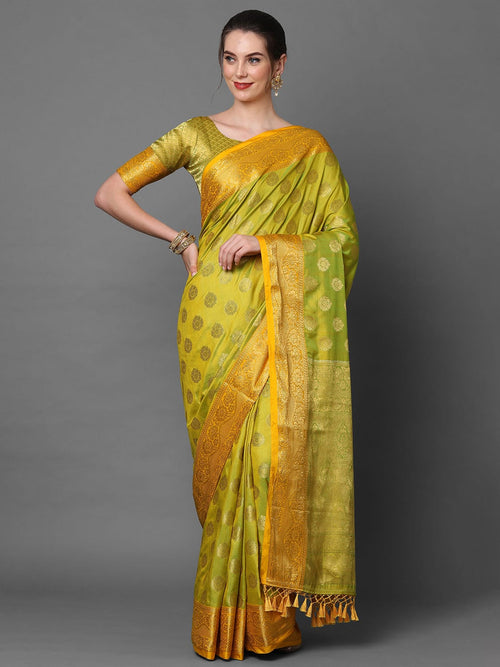 Sareemall Yellow Party Wear Silk Blend Woven Design Saree With Unstitched Blouse