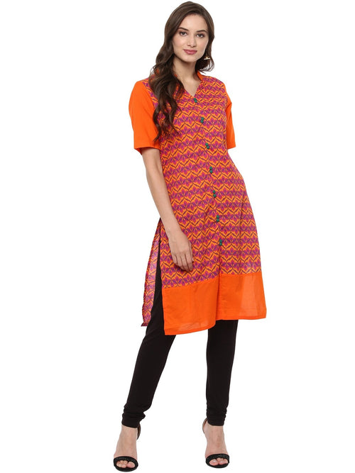 Pannkh Women's Orange Allover Print Stand Collar Print Kurti