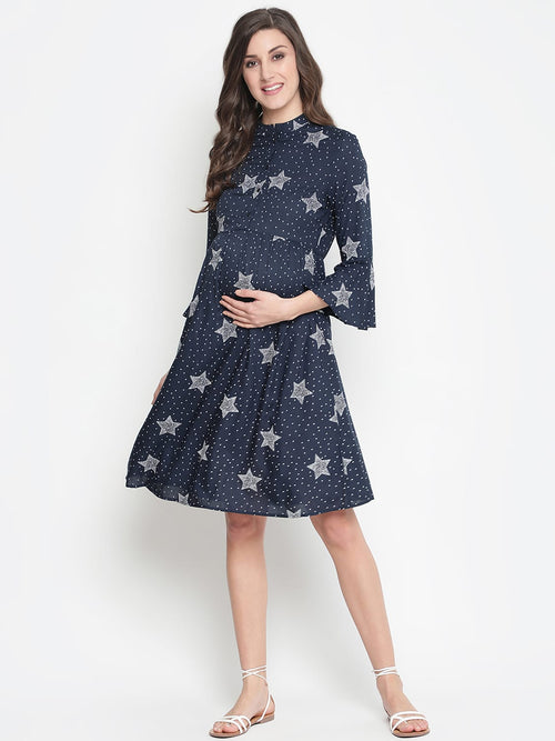 Oxolloxo Glaxay Blue Star Print Easy Maternity Dress