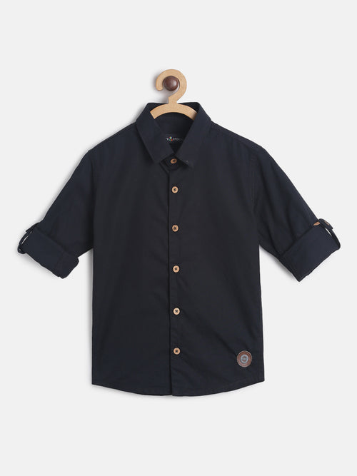 Tales & Stories Boy's Black Cotton Solid Full Sleeves Shirt