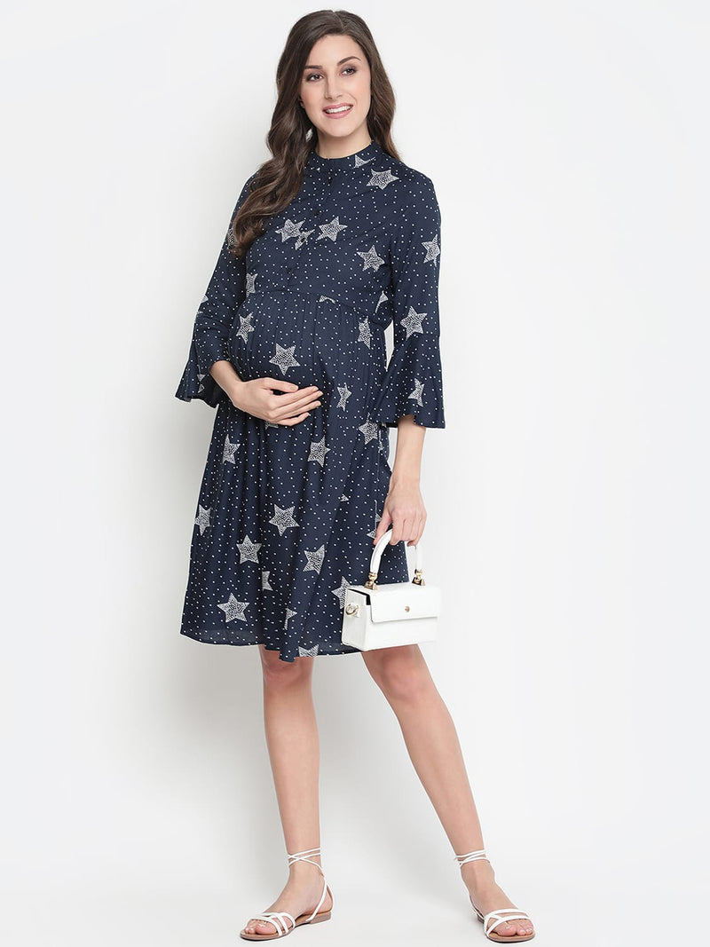 Oxolloxo Glaxay Blue Star Print Easy Maternity Dress