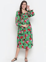 Oxolloxo Denser Green Floral Print Smocking Comfy Maternity Dress