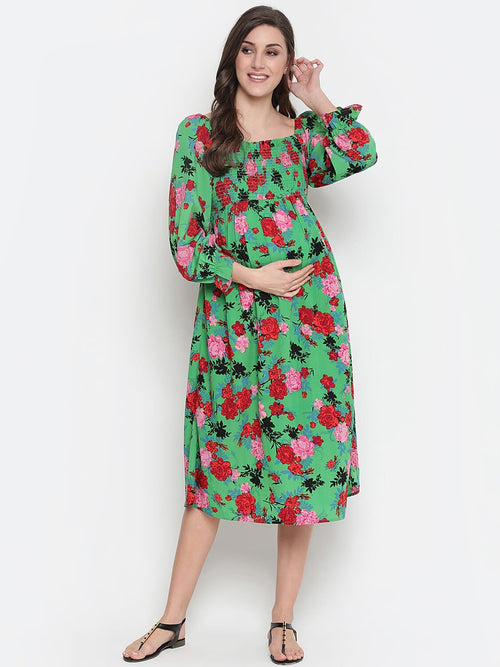 Oxolloxo Denser Green Floral Print Smocking Comfy Maternity Dress