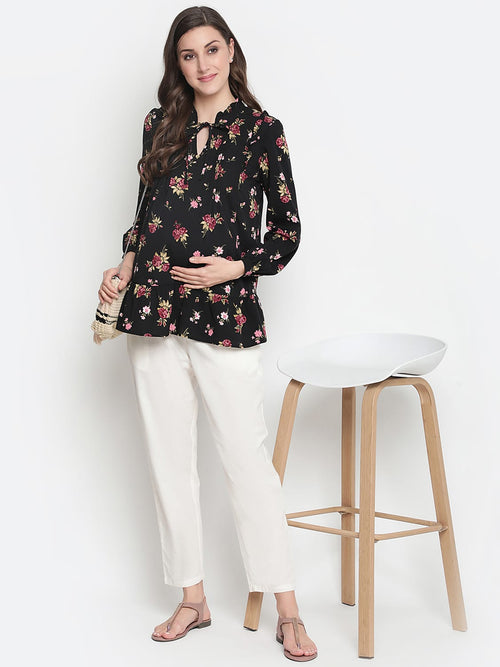 Oxolloxo Fetched Black Floral Print Tie-Knot Maternity Tunic