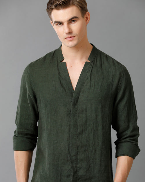 Mens Regular Fit Solid Green Casual Linen Shirt