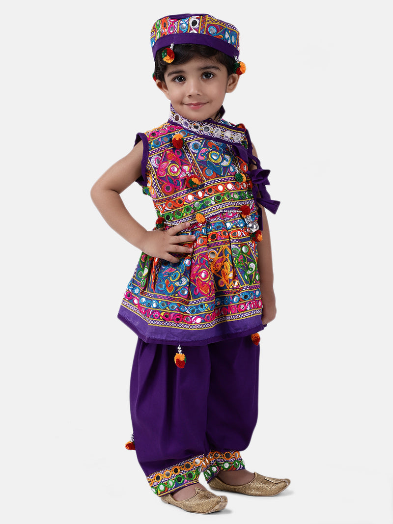 BownBee Navratri Embroidered kediya with Dhoti and Cap for Boys- purple