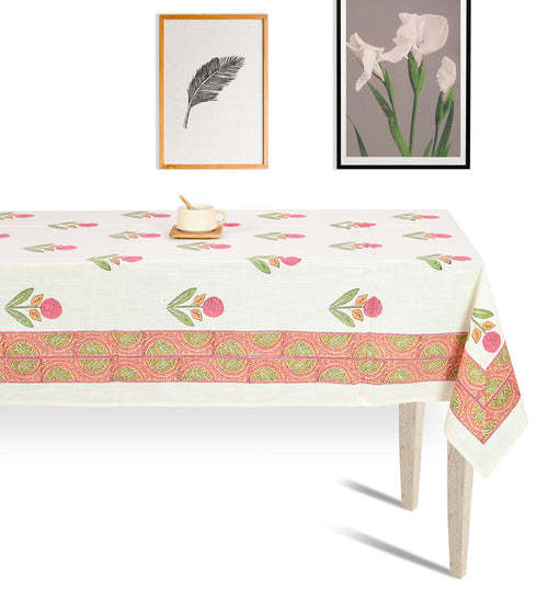 Abeer Hand Block Cotton Dining Table Cover Floral Printed Pink Color Textured Design Table Cloths 8 Seater -150 Cm. x 270 Cm.