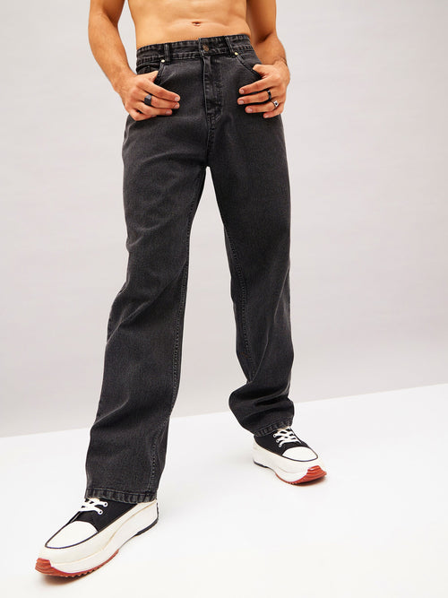 Men Black Washed Basic Relax Fit Jeans