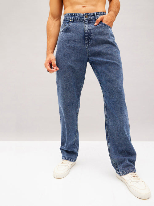 Men Blue Washed Basic Relax Fit Jeans
