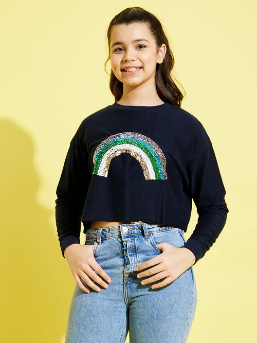 Girls Navy RAINBOW Embroidered Crop Sweatshirt