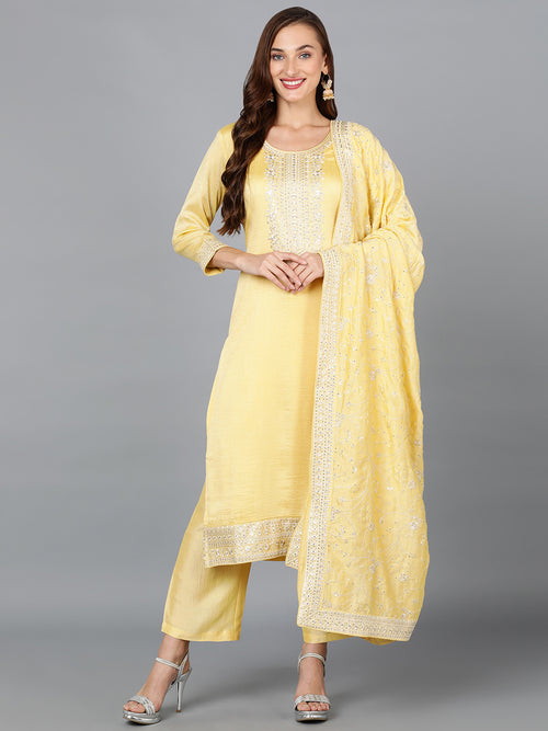 Silk Blend Pale Yellow Embroidered Party wear