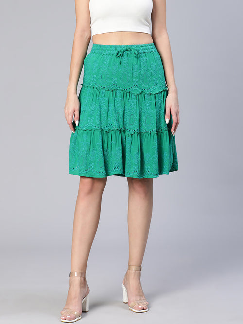 Glories green schiffli designed elasticated women skirt