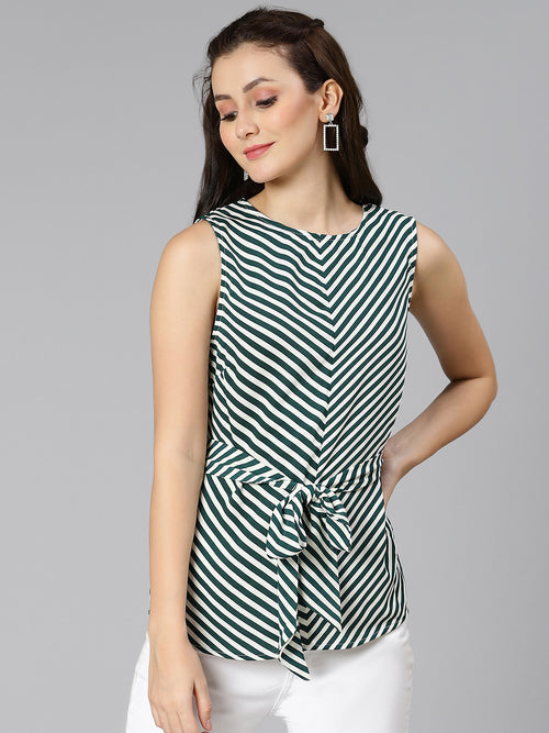 Lines of stripes green color tie-knotted women top