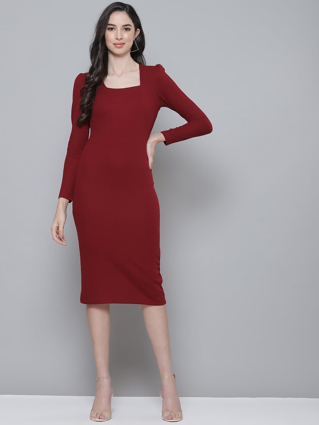 Wholesale Maroon Rib Puff Sleeves Square Neck Bodycon Dress