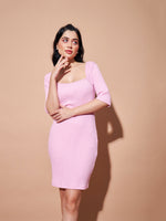 Women Pink Rib Square Neck Short Dress