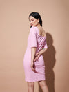 Women Pink Rib Square Neck Short Dress