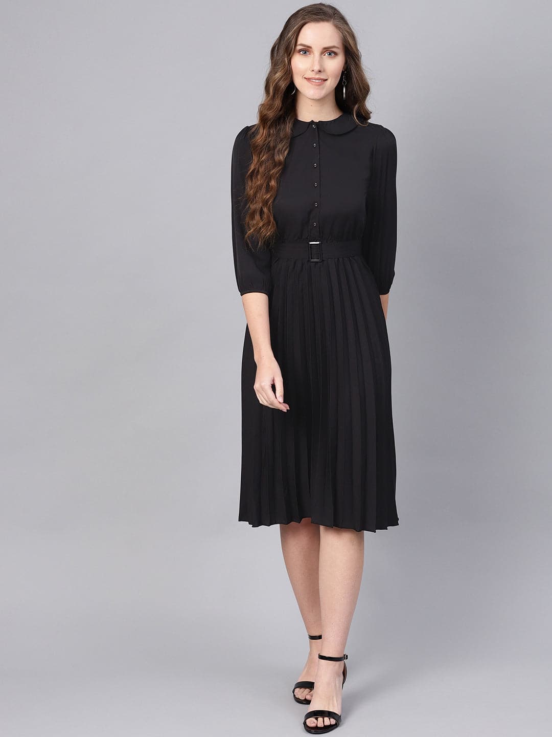 Wholesale Black Peterpan Belted Pleated Midi Dress – Tradyl
