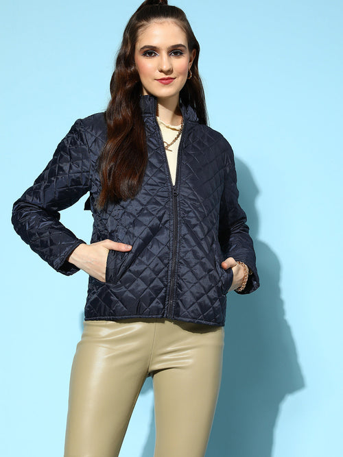 Women Navy Quilted Hooded Puffer Jacket