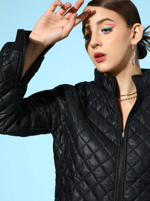 Women Black Quilted Jacket With Zip On Sleeves