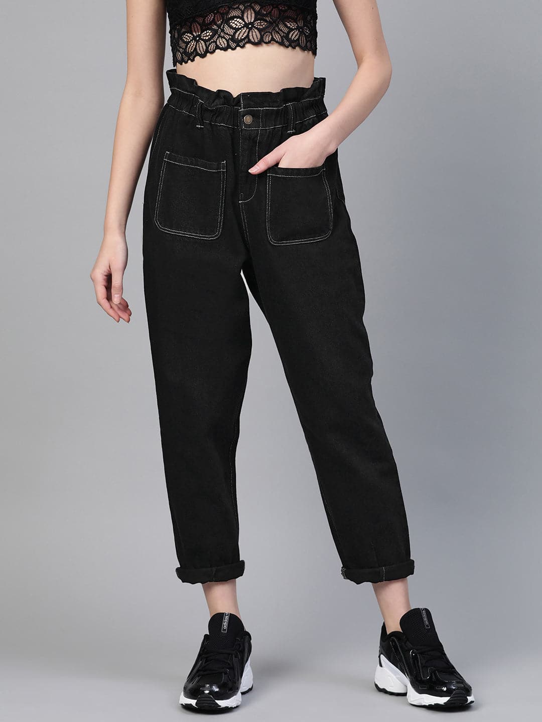 Women Black Wash Side Patch Pocket Jeans