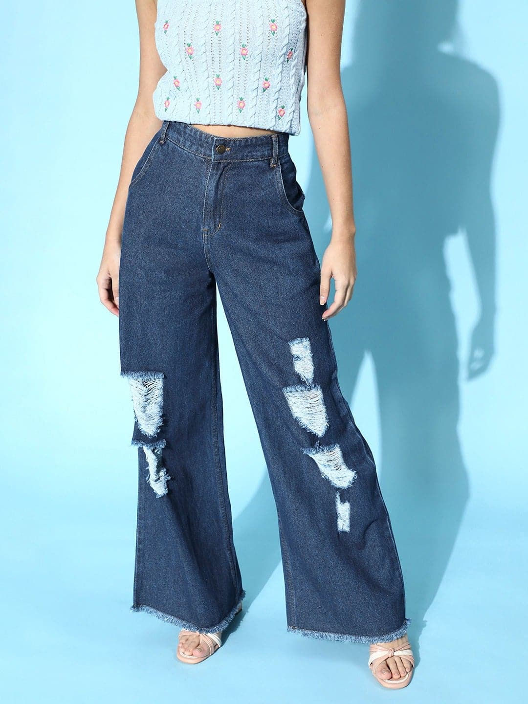 Women Blue Distressed Slit Jeans