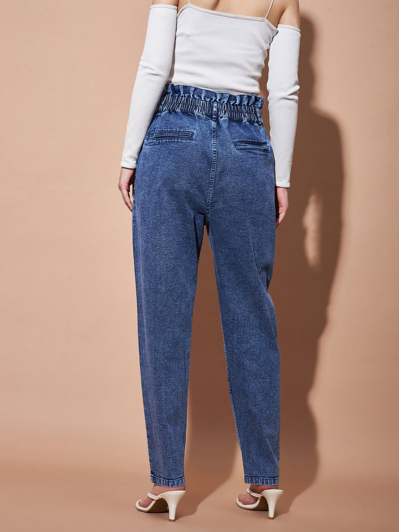 Women Blue High Paperbagwaist Baggy Jeans